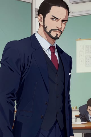 solo male, Maeda, Asobi Asobase, butler, black hair, short hair, black eyes, facial hair, dark blue 3 Piece Suit, formal, white collared shirt, red necktie, dark blue vest, dark blue jacket, dark blue pants, mature, handsome, charming, alluring, calm, polite, portrait, close-up, perfect anatomy, perfect proportions, best quality, masterpiece, high_resolution simple background, classroom, (pathetic face, meme)
