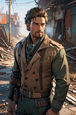 Robert MacCready, blue eyes, light brown hair, facial hair, tan duster coat, ammo pouches, long-sleeved, white undershirt, military green scarf, military green pants, fit body, handsome, charming, alluring, dashing, intense gaze, (standing), (upper body in frame), ruined overhead interstate, Fallout 4 location, post-apocalyptic ruins, desolated landscape, dark blue sky, polarising filter, perfect light, only1 image, perfect anatomy, perfect proportions, perfect perspective, 8k, HQ, (best quality:1.2, hyperrealistic:1.2, photorealistic:1.2, madly detailed CG unity 8k wallpaper:1.5, masterpiece:1.2, madly detailed photo:1.2), (hyper-realistic lifelike texture:1.2, realistic eyes:1.2), picture-perfect face, perfect eye pupil, detailed eyes, realistic, HD, UHD, (front view:1.2), portrait, looking outside frame