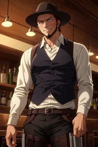 solo male, Kenny Ackerman, Attack on Titan Anime style, brown hair, hair slicked back, grey eyes, sideburns, thin beard along jawline, white collared shirt, long sleeves, (simple black vest, long vest), black pants, (dark fedora hat), (vertical maneuvering equipment, silver color armor, holster), athletic build, middle-age, mature, handsome, charming, alluring, smirk, perfect anatomy, perfect proportions, best quality, masterpiece, high_resolution, dutch angle, indoor, vintage bar