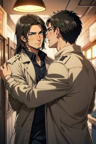 couple, ((2people)), first man giver(Eren Jaeger, ,erenad, black hair, long straight hair, hair down, stubble, grey-green eyes), second mature man receiver(reiner braun, blond hair, short hair, stubble, hazel eyes, chiseled jaw), ((uniform, white collared shirt, opem brown trench coat)), , different hair style, different hair color, different face, makeout, eye contact, gay, homo, skight shy, charming, alluring, seductive, highly detailed face, detailed eyes, perfect light, 1910s military basement, retro, oil lamp light, (best quality), (8k), (masterpiece), best quality, 1 image, rugged, manly, hunk, perfect anatomy, perfect proportions, perfect perspective, hug,Eren Jaeger 