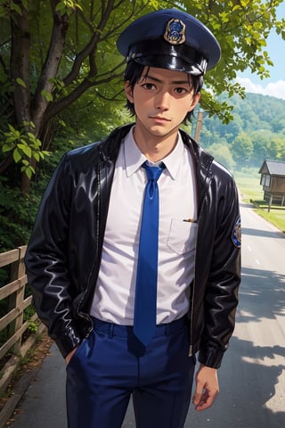 (1 image only), solo male, Agawa Daigo, Gannibal, Asian ,Japanese, black hair, short hair, (stubble), black eyes, policeman, white collared shirt, dark blue necktie, black jacket, dark blue pants, black shoes, Japanese police peaked cap, mature, handsome, charming, alluring, standing, upper body, perfect anatomy, perfect proportions, (best quality, masterpiece), (perfect eyes), perfect hands, high_resolution, dutch angle, cowboy shot, rural .pastoral