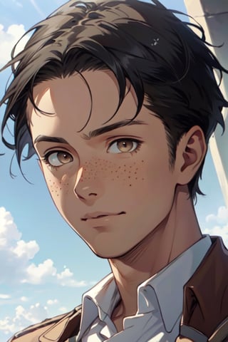 Marco Bodt from Attack on Titan, (short hair:1.2) (black hair, center-parted short hair, short curtained hair:1.2), (bare forehead:1.2), (light brown eyes, normal size eyes), wearing pure white collared shirt, youthful, freckles, handsome, charming, alluring, friendly, (standing), (upper body in frame), simple background, green plains, cloudy blue sky, perfect light, only1 image, perfect anatomy, perfect proportions, perfect perspective, 8k, HQ, (best quality:1.5, hyperrealistic:1.5, photorealistic:1.4, madly detailed CG unity 8k wallpaper:1.5, masterpiece:1.3, madly detailed photo:1.2), (hyper-realistic lifelike texture:1.4, realistic eyes:1.2), picture-perfect face, perfect eye pupil, detailed eyes, realistic, HD, UHD, (front view:1.2), portrait, looking outside frame