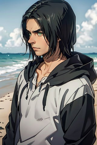 erenad(black hair, medium hair, straight hair,:1.2), (grey-green eyes:1.4), fit body, (wearing pure white shirt, black jacket, long sleeves, open clothes, hood, hood down:1.3), collarbone, charming, alluring, dejected, depressed, sad, (standing), (upper body in frame), simple background(beach, sunny day, endless ocean, mid day), backlight, cloudy blue sky, perfect light, only 1 image, perfect anatomy, perfect proportions, perfect perspective, 8k, HQ, (best quality:1.5, hyperrealistic:1.5, photorealistic:1.4, madly detailed CG unity 8k wallpaper:1.5, masterpiece:1.3, madly detailed photo:1.2), (hyper-realistic lifelike texture:1.4, realistic eyes:1.2), picture-perfect face, detailed eyes, realistic, HD, UHD, front view, tear in eyes,