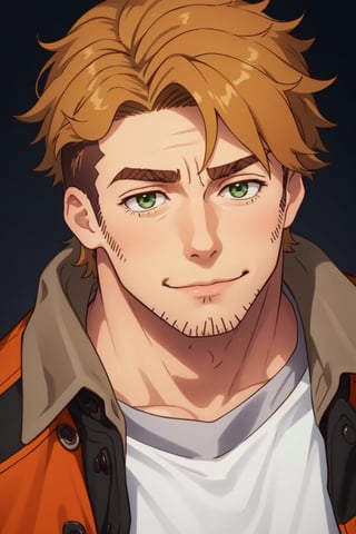 (1 image only), solo male, Gagumber, Sakugan, physical laborer worker, brown hair, two-tone hair, stubble, sideburns, green eyes, thick eyebrows, (white tank top), (orange High-visibility jacket), open jacket, green work pants, black boots, black gloves, mature, handsome, charming, alluring, smile, ((portrait, close-up)), perfect anatomy, perfect proportions, high_resolution, dutch angle, detailed background,masterpiece