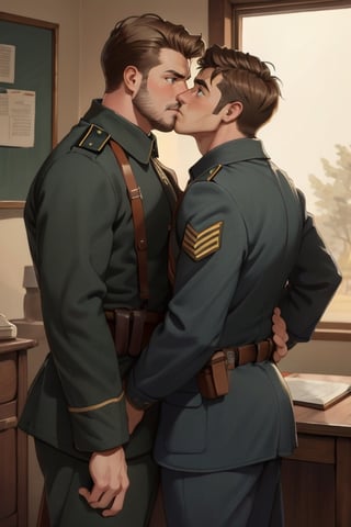 ((2peoplei)), 1 mature man giver,1 mature dad receiver, ((uniform)), short hair, stubble, dilf, different hair style, different hair color, different face, makeout, eye contact, gay, homo, charming, alluring, seductive, highly detailed face, detailed eyes, perfect light, 1910s military office room, retro, (best quality), (8k), (masterpiece), best quality, 1 image, ww1ger,  rugged, manly, hunk, perfect anatomy, perfect proportions, perfect perspective,mature,properkissing