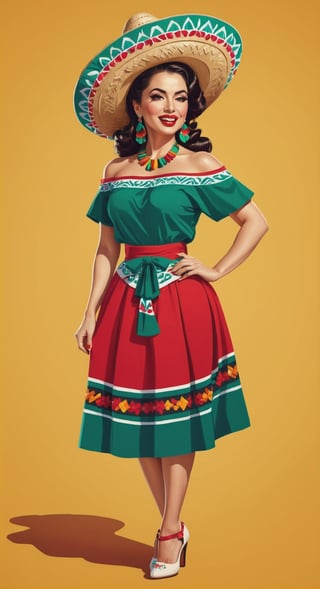 1 woman, wearing mexican clothes, illustration, pin up style, simple background, full body