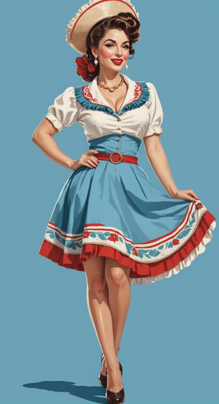 1 woman,wearing traditional argentinian clothes,illustration,pin up style,simple background,full body