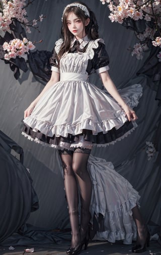 Best Quality, Masterpiece, Ultra HD, (Photorealistic: 1.4), RAW Photo, Blurred Background, Full Body Shot,1girl, Solo, clad in a ((stocking)),edgy and alluring aesthetic, slender legs, ((intricately designed thighhighs)), black high-heel, Maid_Dress,Maid_Dress, maid attire, standing, straight up, maid attire,((Pear Blossom Background)),In a garden,