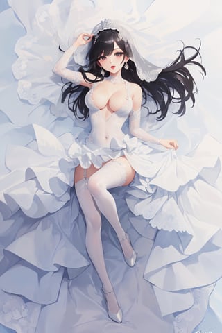 (dakimakura (medium):1.3) ,(full-body_portrait:1.5) ,(solo focus:1.1) , (on side:1.1) ,(on the bed:1.1),(personal photo:1.1),(the mature woman, she is a bride, (she wears a white wedding dress, a white veil on her head), (she wears the white bridal gauntlets) , (She wears the white stockings) , (she wears white high heels),covered navel, long hair, red eyeshadow, long eyelashes, highly detailed, highres, (perfect face:1.3), (detailed face:1.3), (detailed eyes:1.3),(detailed mouth:1.3), (perfect hands:1.05), (perfect fingers:1.05), (big boobs:1.4, clevage), shy , (light black eyes:1.1),(black hair:1.3))