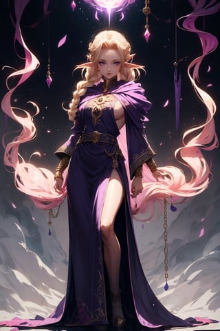 detailed anime style, beautiful and stunning artwork, purple clothes, shimmering shadows, strong colors, candy cotton pastel colors, young elf girl, golden baculum, light blonde straight voluminous hair with braids and accessories, long hair, purple eyes, side leak robes. pink cloth details. Medieval, ornate background with white and pink lights, purple front robes with pink details, side of the body shown, side nudity, arms shown, golden belt, chain details, sorcerer, conjuring magic, by Yoshitaka Amano, CLAMP, Dungeons and Dragons, acrylic art, pastel colors, sideboob, holding a magic fireball, fireball, magic, side-open long skirt,ink,fantasy00d,monochrome