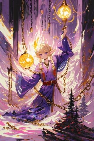 detailed anime style, beautiful and stunning artwork, purple clothes, shimmering shadows, strong colors, candy cotton pastel colors, young girl, tsundere, young elf girl, golden baculum, light blonde straight voluminous hair with braids and accessories, long hair, purple eyes, side leak robes. pink cloth details. magic gadgets, orbs, lamps, poles, lampshade, ornate background with white and pink lights, purple front robes with pink details, side of the body shown, side nudity, arms shown, golden belt, chain details, sorcerer, conjuring magic, by Yoshitaka Amano, CLAMP, Dungeons and Dragons, acrylic art, pastel colors, holding a magic fireball, fireball, magic,ink,fantasy00d,monochrome,amano yoshitaka,DonMDj1nnM4g1cXL ,Fantasy