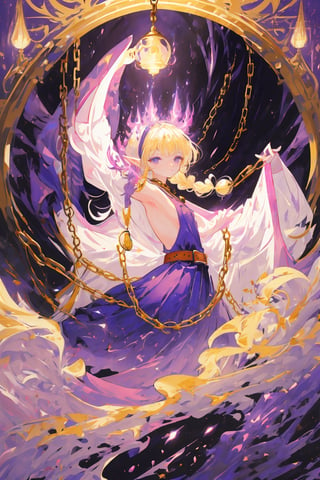 detailed anime style, beautiful and stunning artwork, purple clothes, shimmering shadows, strong colors, candy cotton pastel colors, young girl, tsundere, young elf girl, golden baculum, light blonde straight voluminous hair with braids and accessories, long hair, purple eyes, side leak robes. pink cloth details. magic gadgets, orbs, lamps, poles, lampshade, ornate background with white and pink lights, purple front robes with pink details, side of the body shown, side nudity, arms shown, golden belt, chain details, sorcerer, conjuring magic, by Yoshitaka Amano, CLAMP, Dungeons and Dragons, acrylic art, pastel colors, sideboob, holding a magic fireball, fireball, magic, side-open long skirt,ink,fantasy00d,monochrome,amano yoshitaka,DonMDj1nnM4g1cXL ,Fantasy