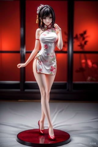 8K , Ultra-high resolution , a beautiful chinese woman wearing traditional Cheongsam dress,  full body,  Chinese garden as background,  red and white contrast,  watercolor,  centered,  dynamic pose,  extremely detailed,  sharp focus,  show genitailia,  detailed genitalia,  cross legs , 