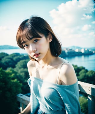 Best quality, masterpiece, film grain, photo by fuji-proplus-ii film, half-length portrait, raw photo of 20 years old woman in off-shoulder, waist up, high angle/from above, deep blue sky, cloudy sky, outdoor, high key light, soft shadow, dark theme