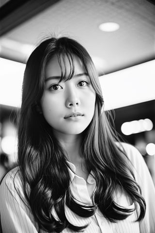 masterpiece, best quality, analogue photo of 20 years old Japanese girl, long hair, low angle eye level, high key lighting, photo by Leica M3 with 50mm lens, Tri-X 400 black and white film, (documentary photography, professional photo, balanced photo, balanced exposure)
