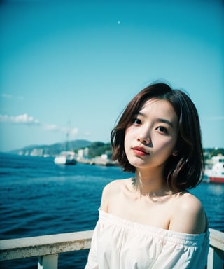 Best quality, masterpiece, film grain, photo by fuji-proplus-ii film, half-length portrait, raw photo of 20 years old woman in off-shoulder, waist up, high angle/from above, deep cloudy sky, outdoor, low key light, soft shadow, dark theme
