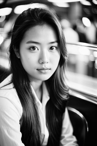 masterpiece, best quality, analogue photo of asian girl, long hair, eye level, high key lighting, photo by Leica M3 with 50mm lens, Tri-X 400 black and white film, (documentary photography, professional photo, balanced photo, balanced exposure)