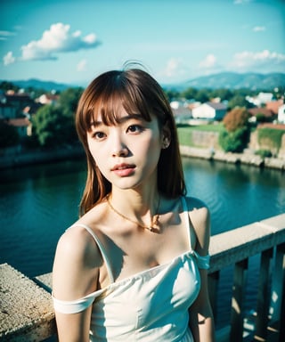 Best quality, masterpiece, film grain, photo by fuji-proplus-ii film, (vignetting), half-length portrait, raw photo of 20 years old woman in off-shoulder, waist up, long brown hair with jewelry, high angle/from above, deep cloudy sky, outdoor, low key light, soft shadow, dark theme,