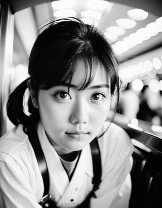 masterpiece, best quality, analogue photo of 18 years old Japanese girl, low angle eye level, high key lighting, photo by Leica M3 with 50mm lens, Tri-X 400 black and white film, (documentary photography, professional photo, balanced photo, balanced exposure)