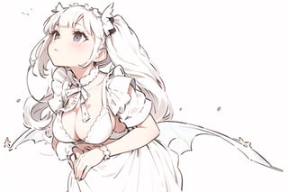 1girl,solo,white hair,twintails,black eyes, bellybutton, long curly hair, starry sky, maid, succubus