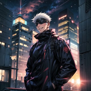 satoru gojo, black jacket,  blindfold, playful smile, best quality, high detailed, bokeh, sharp focus, hands in pockets, full_body_shot, standing on rooftop, cityscape background at sunset, cosmic sky, orange and pink hues, wind blowing through white hair, confident smile, urban ninja