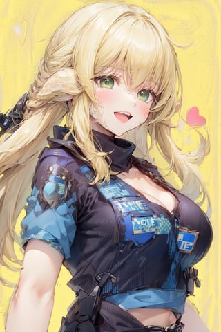 masterpiece, top quality, best quality, beautiful and aesthetic,
1girl,aayugiri(final fantasy),horns,solo, upper body, (breasts), flower, hair ornament, looking at viewer, cleavage, collarbone, huge breasts, bangs, ,(policewoman uniform :2.0), hair between eyes, front-tie top, blush,lake,tree, cloudy sky,starry night,bare shoulders,underboob,sideboob,perky breasts,
extreme detailed,highest detailed, optical mixing, playful patterns, lively texture, unique visual effect,green eyes,(blonde hair:2.0),long hair,scales on neck,white horns,eyelashes,blonde eyelashes,eyeshadow,front-tie bra,wavy hair,blush,big breasts,large breast,long horns,mature female,ff14bg,(green eye),cute,lovely,(float heart:1.3),one horn on one side,light smile,bright lips,pupil contour,green pupil contour,bright pupils contour,(one-closed eyes:1.3),: D,happy,fall in love,love,charming，Bulletproof vest,scarf,