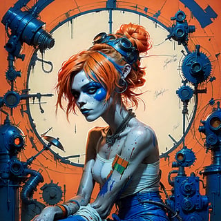A woman sits regally in a steel throne, (messy orange buns hairstyle framing her bold features:1.4). Monochrome, Face paint, Blue eyes gleam through a gas mask, its metallic sheen reflecting the vibrant hues of her attire. white Sneakers pop against the throne's industrial backdrop. Bandages wrap her limbs like a second skin, some torn and frayed, others neatly wrapped. Her gaze pierces the camera, as if challenging the viewer to approach. (In the style of Gorillaz' 2D artwork, Jamie Hewlett's signature flair is evident in the bold lines, vivid colors, and playful nods to industrial chic:1.4).