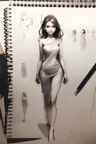 a beautiful woman, walking towards the camera, she has dark hair, pencil sketch style (((sketch))),pencil drawing, (((no colour)))