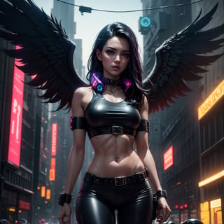  Single Realistic 28 year old Beautiful woman, futuristic city background, ((wearing a large cyberpunk styled collar))), she is wearing a black and red cyberpunk top, she is wearing blue leather trousers, she has black hair with a few pink streaks, (angel wings:1.4), The overall image should be trending on CGSociety and ArtStation. ((medium shot)), The final artwork should be a masterpiece, intricately detailed, and rendered in 8k resolution using Octane render technology. Vivid colours, cinematography