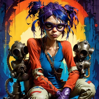 A woman sits regally in a steel throne, her messy purple buns hairstyle framing her bold features. Monochrome, Face paint, Blue eyes gleam through a gas mask, its metallic sheen reflecting the vibrant hues of her attire. white Sneakers pop against the throne's industrial backdrop. Bandages wrap her limbs like a second skin, some torn and frayed, others neatly wrapped. Her gaze pierces the camera, as if challenging the viewer to approach. (In the style of Gorillaz' 2D artwork, Jamie Hewlett's signature flair is evident in the bold lines, vivid colors, and playful nods to industrial chic:1.4).