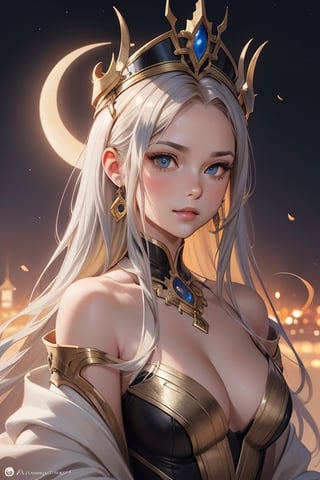 portrait of blond dragon queen with beautiful eyes and flowing silver hair and an ornate crescent moon in the background, intricate, elegant, highly detailed, digital painting, artstation, concept art, smooth, sharp focus, illustration, art by artgerm and greg rutkowski and alphonse mucha and Gustav Klimt and Ilya Kuvshinov