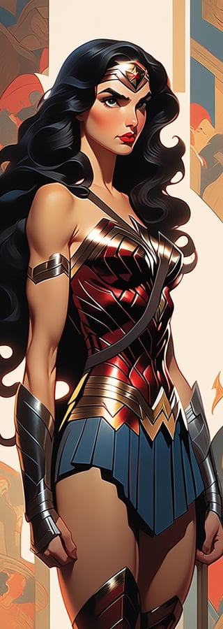 (by Loish, Leyendecker, james gilleard), perfect anatomy, 1920s sexy pinup of Wonder Woman from Zack Snyder's Justice League, long dark hair, more detail XL