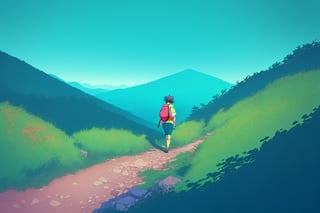 lady hiking a mountain trail, 1980s anime, Ghibli style, vibrant colours, extreme details, aesthetically pleasing, lofi aesthetic