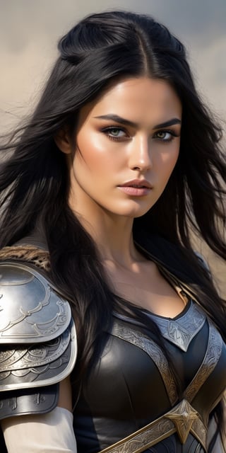 beautiful valkyrie, delicate features, long black hair, full figure, realism, detailed, ancient battlefield background, 