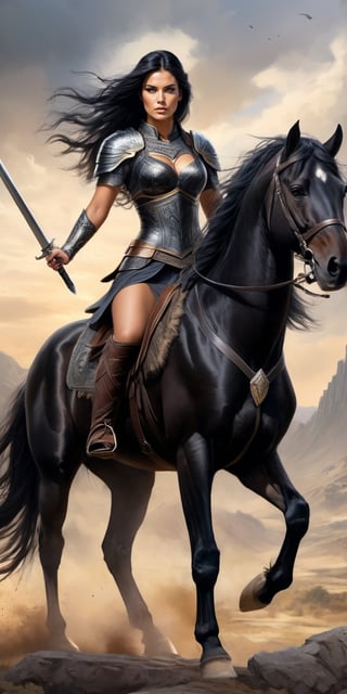 beautiful valkyrie, delicate features, long black hair, full figure, realism, detailed, ancient battlefield background, riding a realistic dark horse,