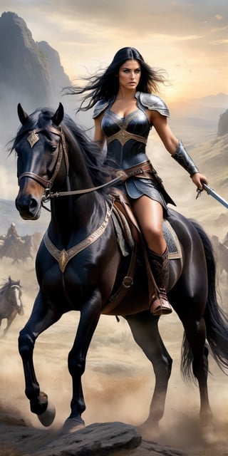 beautiful valkyrie, delicate features, long black hair, full figure, realism, detailed, ancient battlefield background, riding a realistic dark horse,