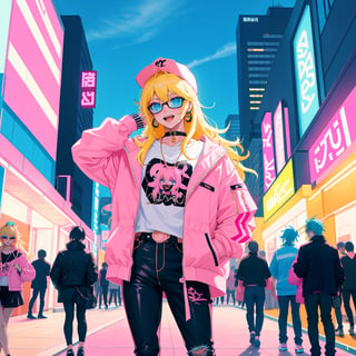 A dynamic and colorful image featuring a group of stylish guys embodying the 'gyaru-o' (ギャル男) fashion culture in an anime style. The guys have vibrant hair colors, including blonde, pink, and blue, with trendy and fashionable outfits like skinny jeans, flashy accessories, and stylish tops. They are in a lively urban setting, surrounded by neon lights and modern buildings, exuding a fun and energetic vibe. Each guy has a unique look and personality, capturing the essence of the gyaru-o subculture with their bold makeup, confident expressions, and stylish poses.