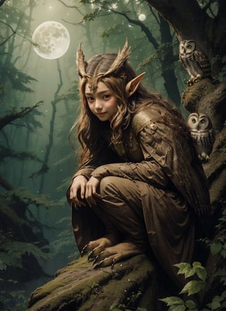 High quality, photo realistic, ((beautiful elf )), long flowing hair, bronze hair, calm and confident expression,(owl perched on mold:1.2), mysterious forest background, dazzling moon, and twinkling stars, enchanting atmosphere, delicate
