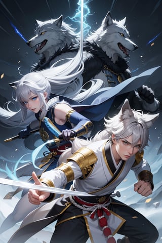 A highly detailed anime-style illustration blending two scenes together: a silver and gold wolf beast with blue eyes, holding a samurai sword in his hand with the tip pointing towards the viewer. The samurai sword is out of focus, emphasizing the detailed and beautiful face of the silver and gold wolf beasts. The wolves are howling and making a dynamic charge forward with intense motion, one of their fists thrust out further towards the viewer. The foreground and light are blurred using long exposure techniques, with motion blur and focal lines creating a dynamic effect. The light in the wolves' eyes is beautifully elongated due to long exposure. In the background, there is a blend of a gorgeous otherworldly castle and a beautiful Japanese castle.
