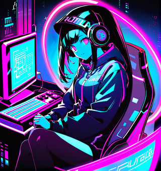 Certainly! Here's a detailed prompt to generate an image similar to the one you uploaded:

---

"Create a vibrant, anime-style image of a beautiful girl with shoulder-length black hair and neon highlights. She is wearing large, futuristic headphones that glow with multiple colors, matching the cyberpunk theme. Her eyes are large and expressive, one eye being blue and the other pink, reflecting the colorful lights around her. Her skin is decorated with glowing, circuit-like patterns, giving a high-tech appearance. She is sitting in front of a high-tech computer setup with neon-lit peripherals, immersed in a futuristic, digital environment with various holographic displays and floating data. The overall atmosphere should be energetic, filled with vivid, neon colors, and a sense of modern technology."

---

Feel free to adjust any details as per your preferences!