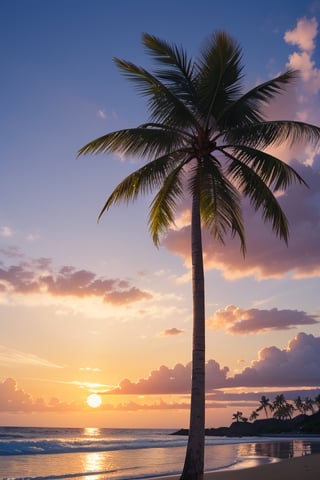 1girl, long hair, looking back, fluffy dress,loincloth, BREAK, tropical beach at sunset, soft white sand, BREAK, swaying tall palm trees, sunset reflected in the calm sea Vibrant colors,  BREAK, vivid sunsets, 