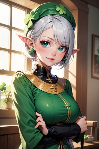 1 girl, elf, silver hair, short cut, (long ears: 1.3) (beautiful and aesthetic: 1.3), star-shaped eyes, green glow, Irish costume, BREAK, big smile, BREAK, highest quality, details, clover, photorealistic,BREAK,(St. Patrick's Day:1.5)
celts