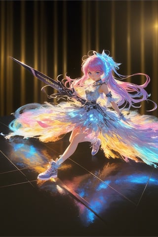 Super detailed and microscopic illustration, pink haired woman, carrying giant scissors on her shoulder, super huge scissors, super beautifully decorated scissors, scissors that glow pink, scissors as a weapon, dynamic motion, fluorescent pink aura, anime style, looking back pose, giant scissors are stored on her back like a giant funnel, scissors that can be used as a weapon are stored on her back