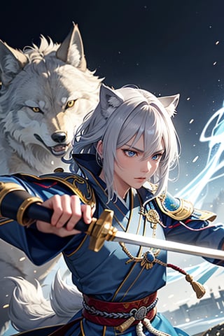 A highly detailed anime-style illustration blending two scenes together: a silver and gold wolf beast with blue eyes, holding a samurai sword in his hand with the tip pointing towards the viewer. The samurai sword is out of focus, emphasizing the detailed and beautiful face of the silver and gold wolf beasts. The wolves are howling and making a dynamic charge forward with intense motion, one of their fists thrust out further towards the viewer. The foreground and light are blurred using long exposure techniques, with motion blur and focal lines creating a dynamic effect. The light in the wolves' eyes is beautifully elongated due to long exposure. In the background, there is a blend of a gorgeous otherworldly castle and a beautiful Japanese castle.
