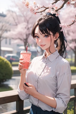 1girl, solo, long hair, smile, skirt, shirt, black hair, holding, white shirt, upper body, ponytail, outdoors, collared shirt, blurry, tree, cup, phone, cellphone, cherry blossoms, smartphone, holding phone, realistic