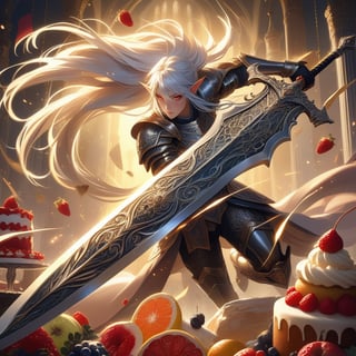 ・beautiful elf, long silver hair, red eyes, intricate black armor, holding a large ornate sword, serious expression
・detailed fantasy armor, ornate designs, dark and metallic color scheme, elegant and formidable
・dynamic action pose, mid-swing with sword, dramatic angle, intense focus, surrounded by flying cakes and fruits
・warm lighting, backlit with golden hues, light streaming through the background, creating a magical and epic atmosphere
・epic fantasy scene, juxtaposition of fierce warrior and whimsical desserts, highly detailed, vibrant colors, dynamic composition