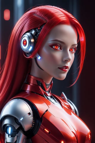 female robot, long red glowing plastic hair, LED red eyes. platic/futuristic red skin, looking to the left,shining_sparkle_background,more detail XL
