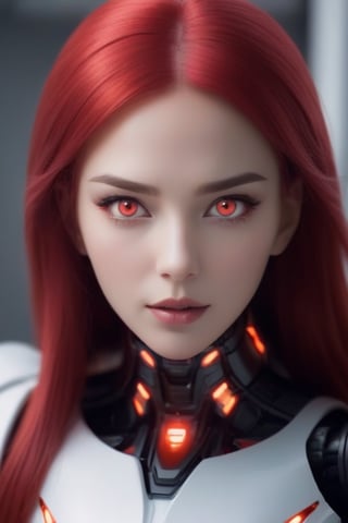 female robot, long red glowing plastic hair, LED red eyes. platic/futuristic red skin, mouth agape, surprised expression