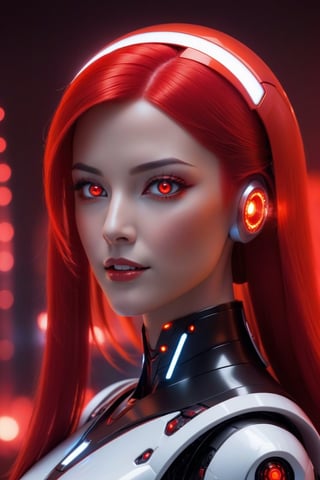 female robot, long red glowing plastic hair, LED red eyes. platic/futuristic red skin, profile, shining_sparkle_background,more detail XL,p3rfect boobs