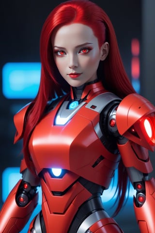 female robot, long red glowing plastic hair, LED red eyes. platic/futuristic red skin, arms crossed